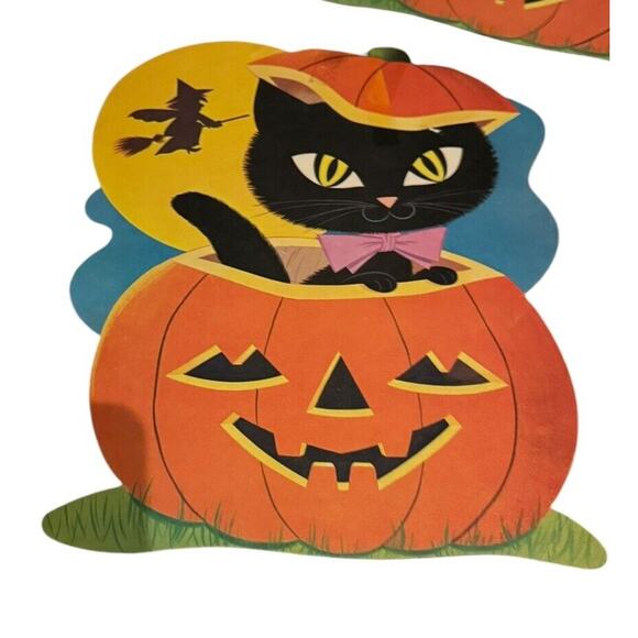 Black Cat Halloween Die Cuts (3) VTG Cardboard Wall Hanging Witch Moon READ NOTE - Picture 3 of 9